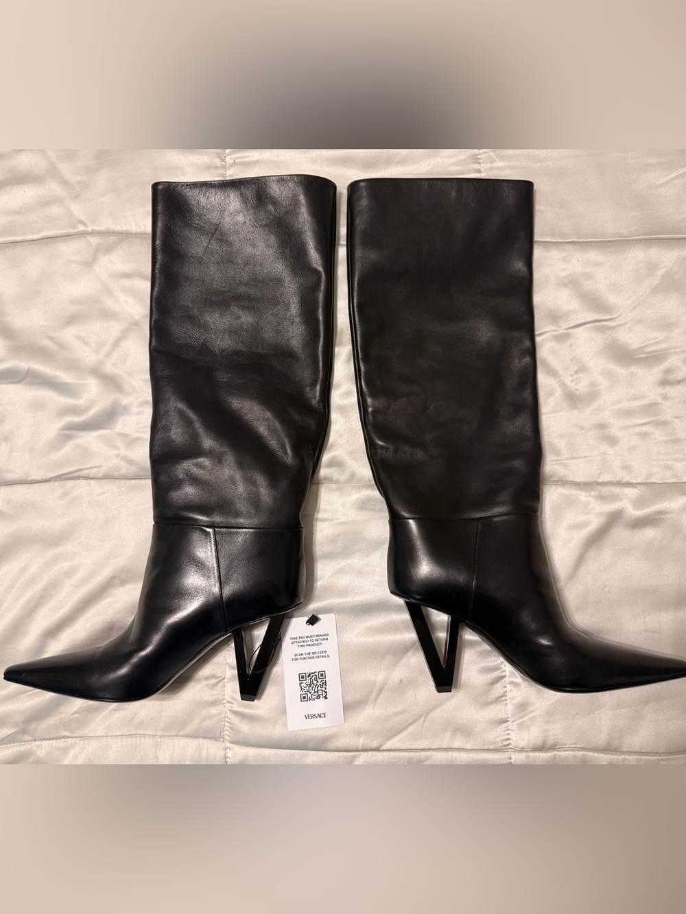 Versace Black Leather Pointed-Toe Mid-Calf Boots with Sculpted Angular Heel